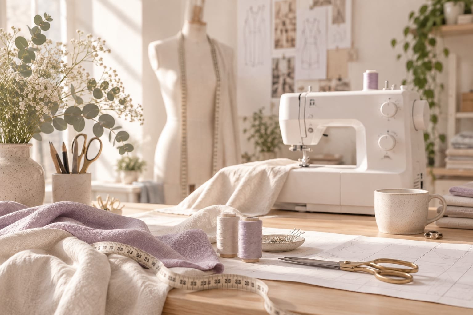 Máquina de coser y maniquí en el atelier de Las Moiras
